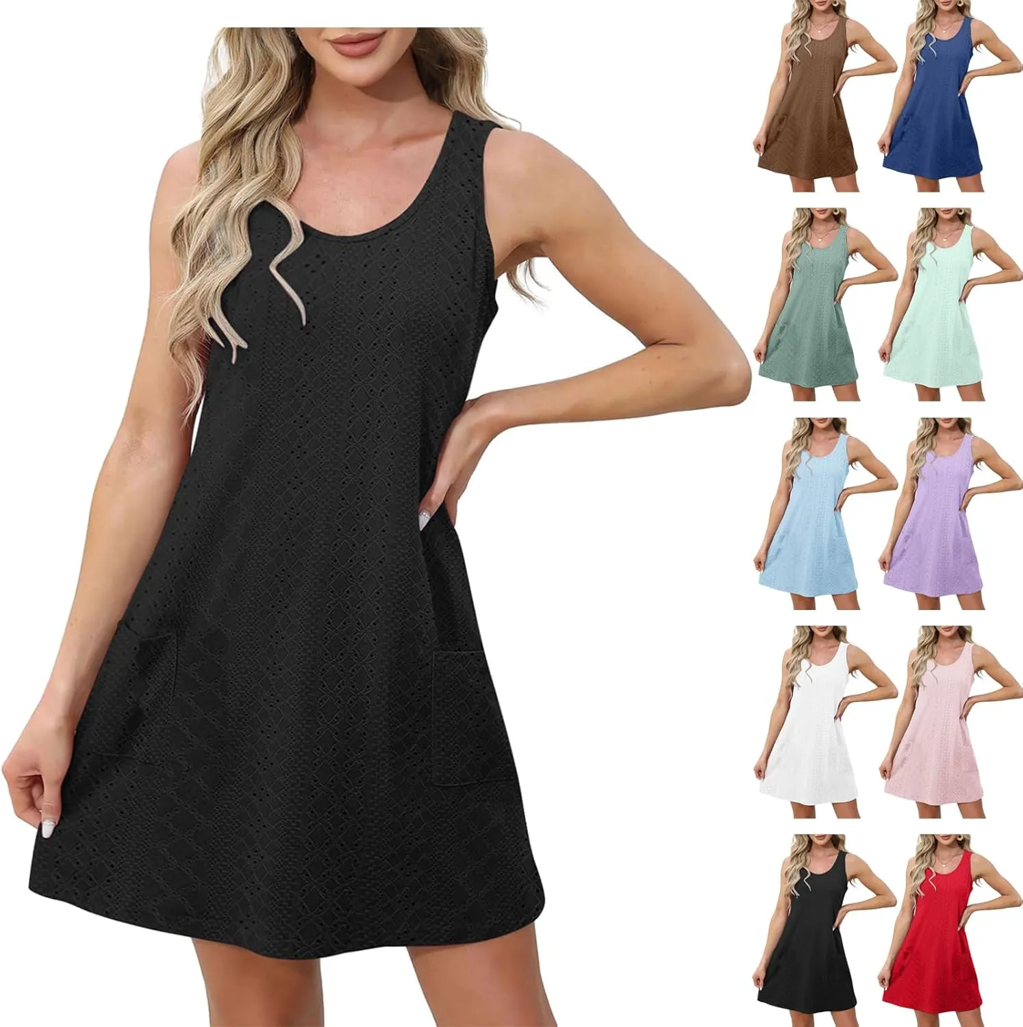 Casual Eyelet Dresses for Women Sleeveless Flowy Tank Dress with Pocket Summer Beach Sundress Vacation Outfits 2025