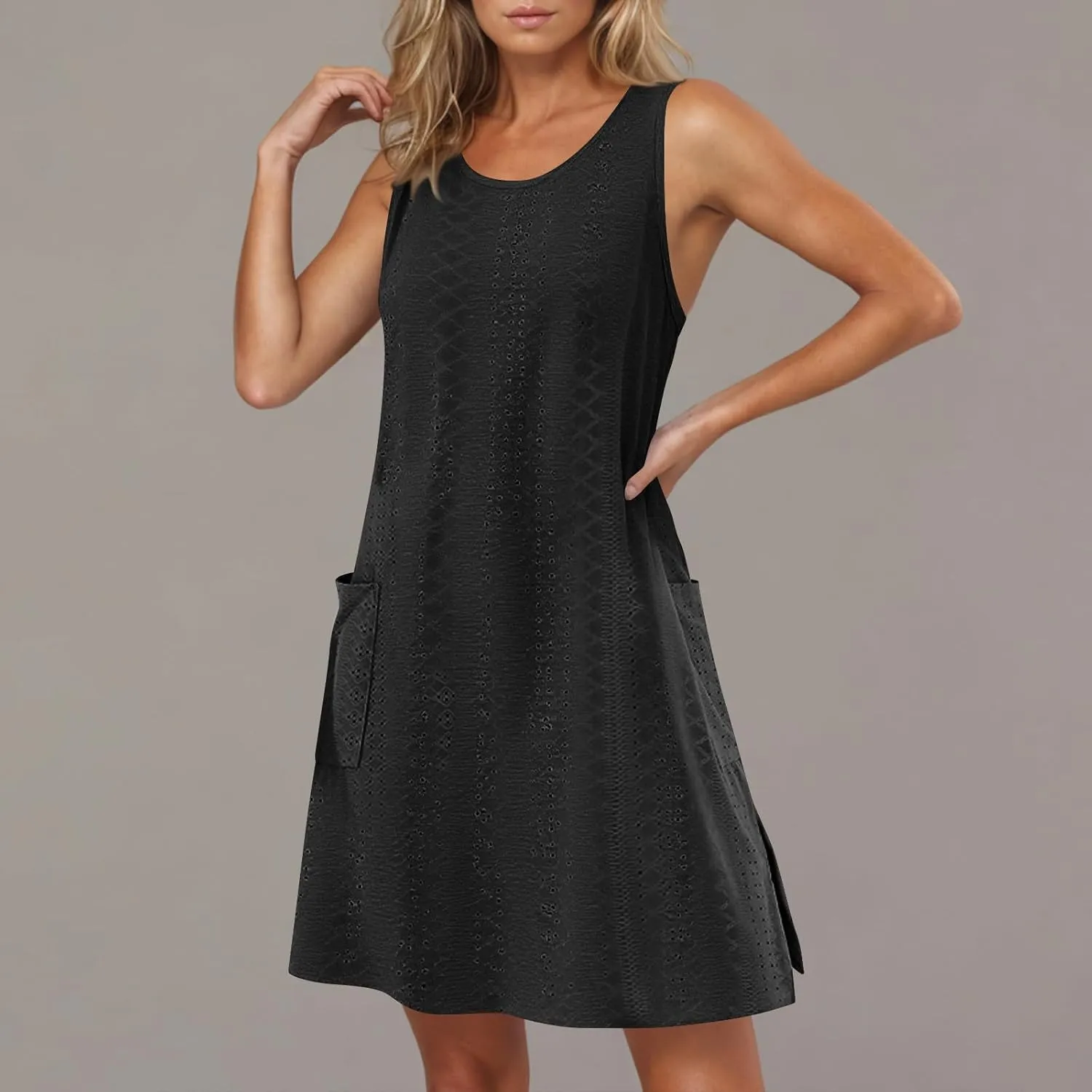 Casual Eyelet Dresses for Women Sleeveless Flowy Tank Dress with Pocket Summer Beach Sundress Vacation Outfits 2025