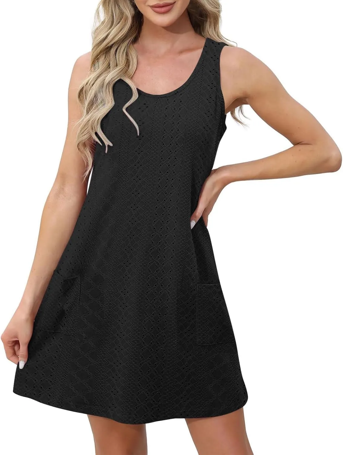Casual Eyelet Dresses for Women Sleeveless Flowy Tank Dress with Pocket Summer Beach Sundress Vacation Outfits 2025