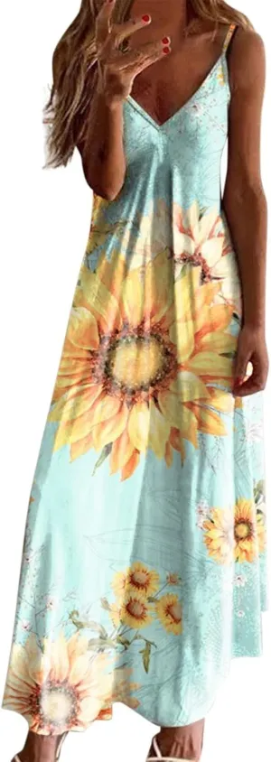 Casual Fashion Women's Sling Slim Fit Slim Long Swing Sleeveless Print Dress Blossoms Strap Dress
