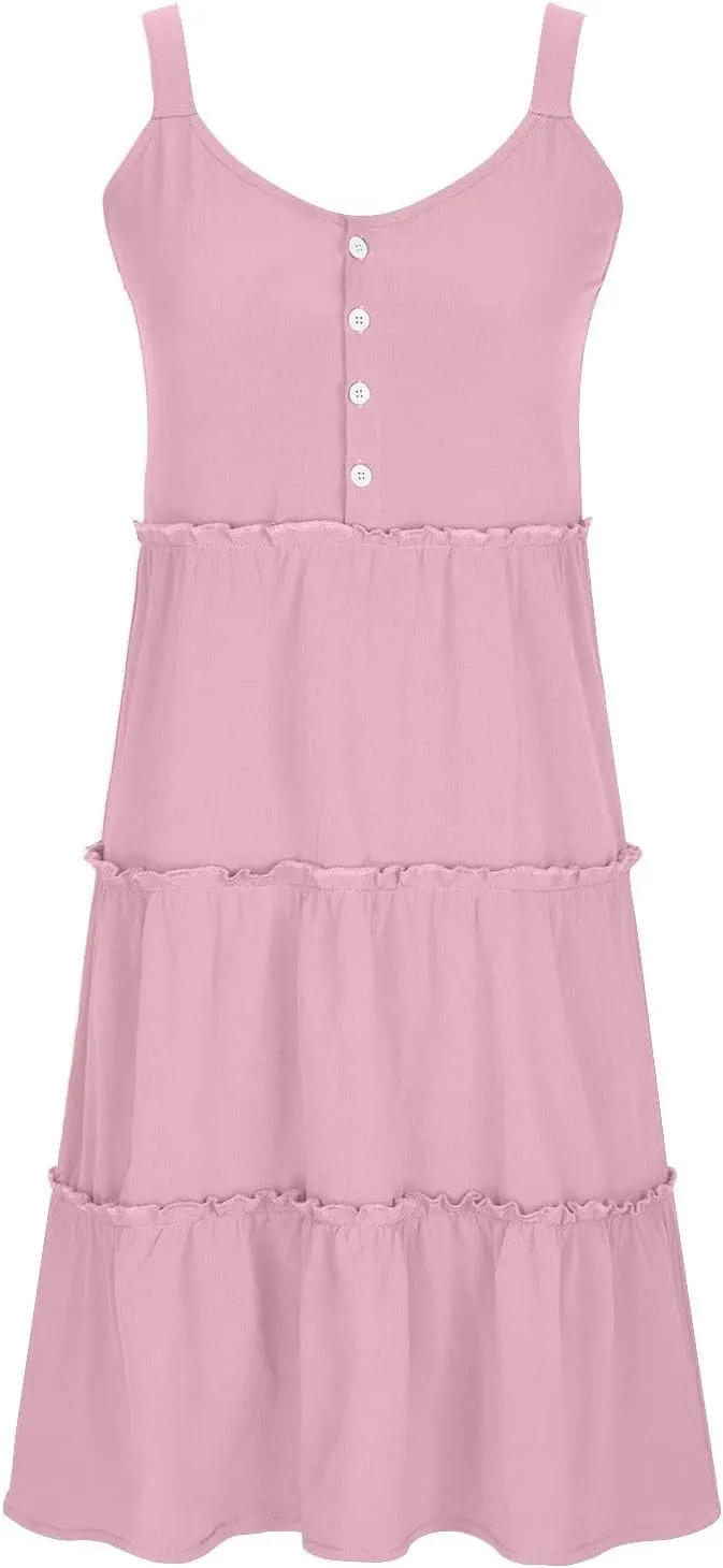 Casual Sundresses for Women Sleeveless Tank Dress Button Down Mocked Elastic Waist Ruffle Tiered Casual Swing Mini Dress