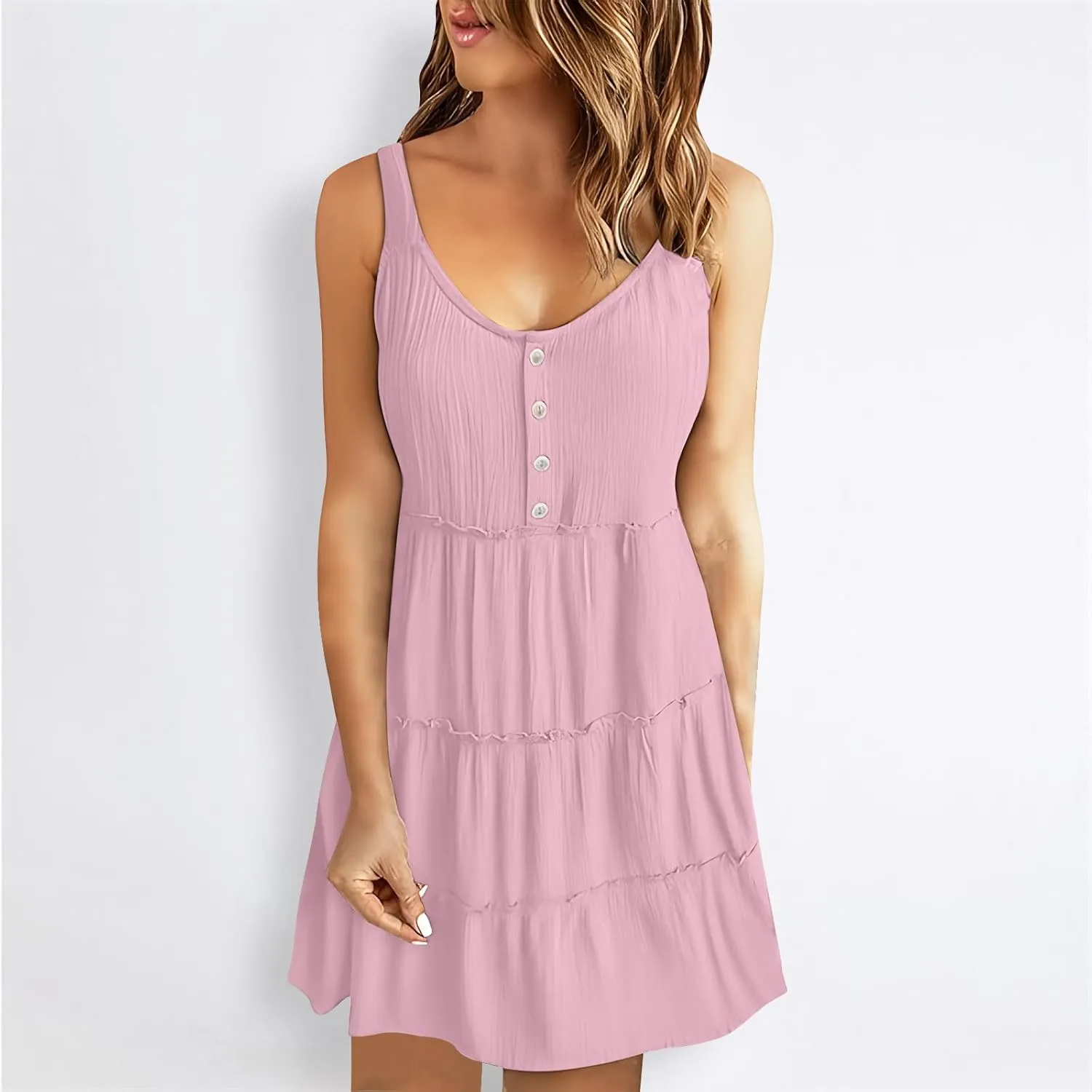 Casual Sundresses for Women Sleeveless Tank Dress Button Down Mocked Elastic Waist Ruffle Tiered Casual Swing Mini Dress