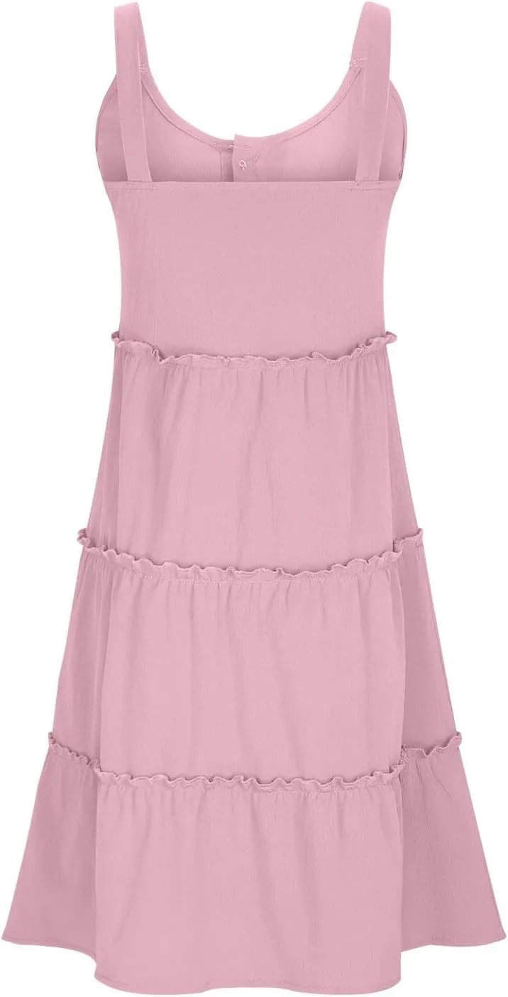 Casual Sundresses for Women Sleeveless Tank Dress Button Down Mocked Elastic Waist Ruffle Tiered Casual Swing Mini Dress