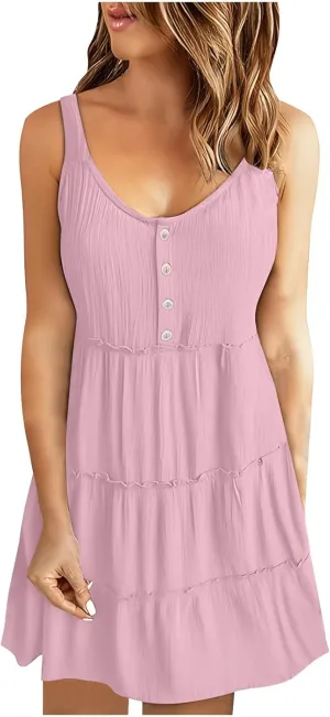 Casual Sundresses for Women Sleeveless Tank Dress Button Down Mocked Elastic Waist Ruffle Tiered Casual Swing Mini Dress