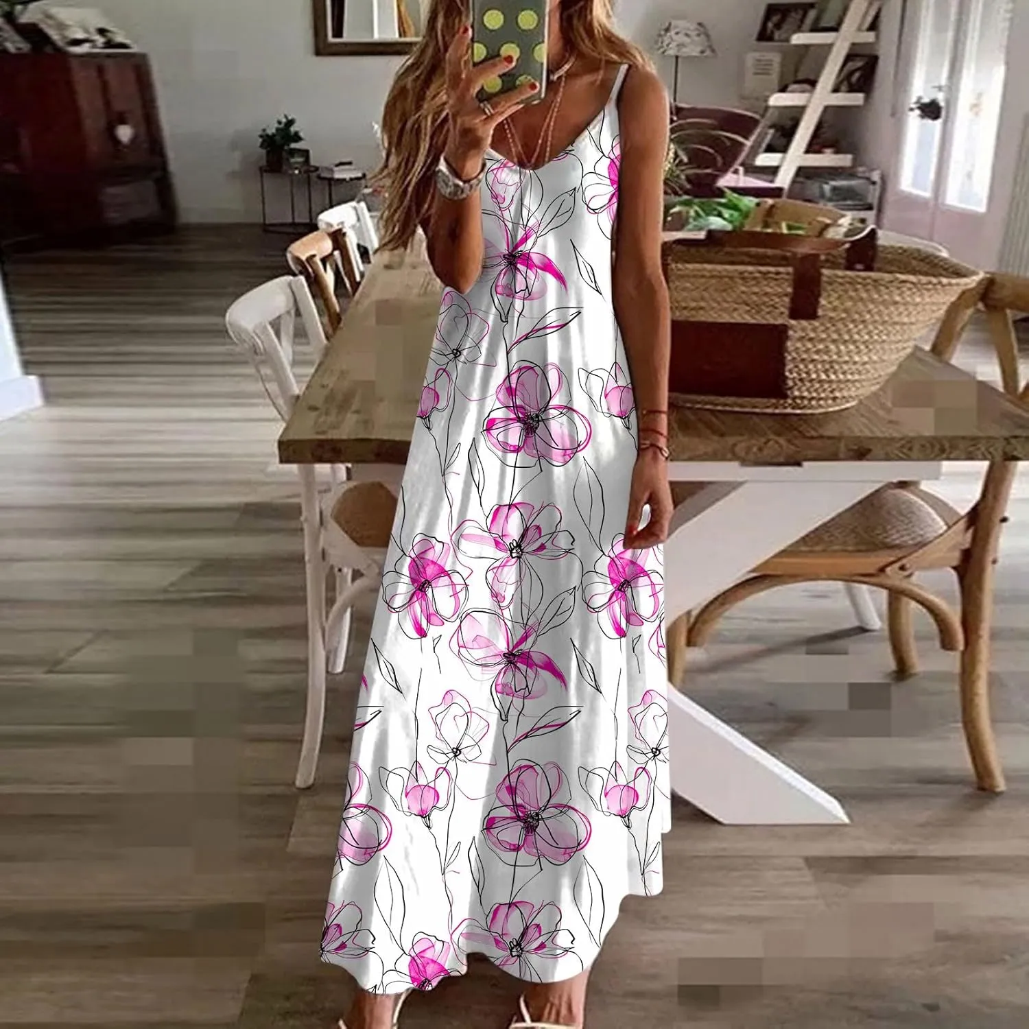 Ceboyel Summer Sundresses for Women 2024 Trendy Casual Floral Sun Dresses Spaghetti Strap Beach Maxi Dress Vacation Outfits