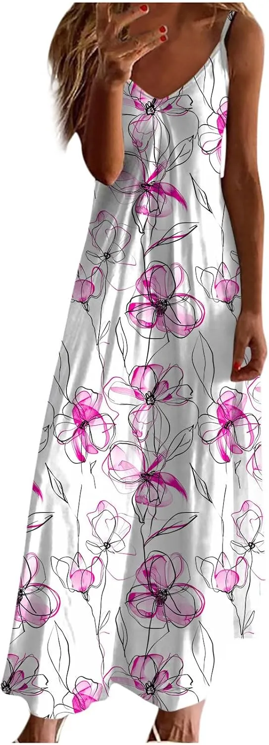 Ceboyel Summer Sundresses for Women 2024 Trendy Casual Floral Sun Dresses Spaghetti Strap Beach Maxi Dress Vacation Outfits