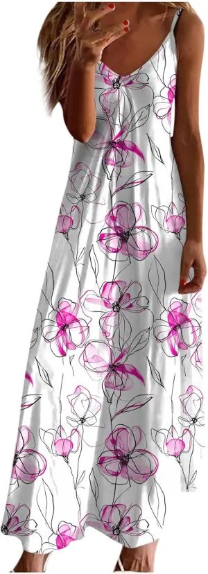 Ceboyel Summer Sundresses for Women 2024 Trendy Casual Floral Sun Dresses Spaghetti Strap Beach Maxi Dress Vacation Outfits