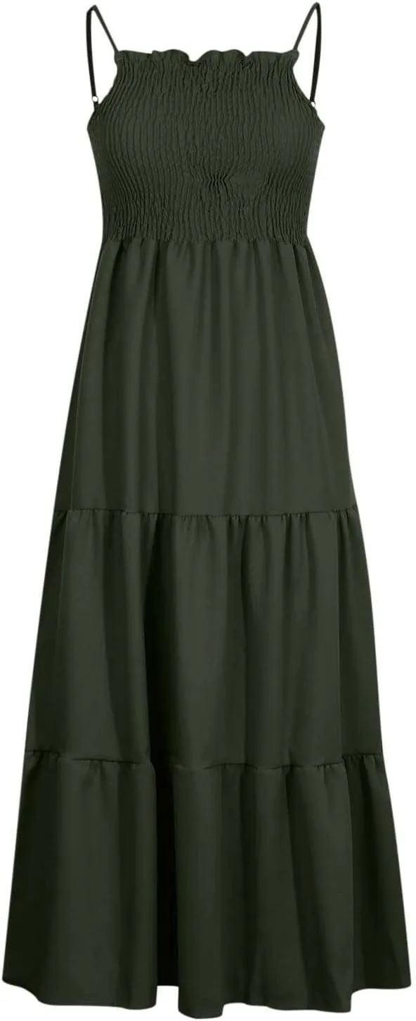 Ceboyel Sundresses for Women 2023 Spaghetti Strap Summer Maxi Long Dress Smocked Casual Sun Dresses Trendy Beach Clothing