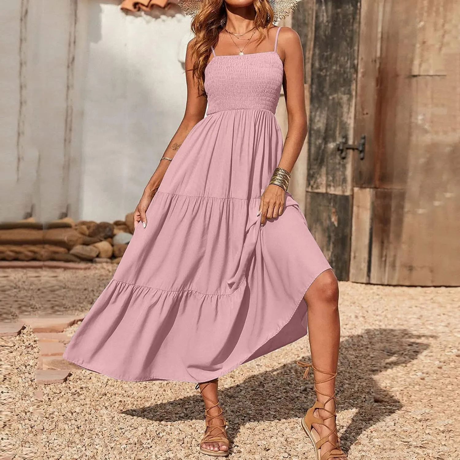 Ceboyel Sundresses for Women 2023 Spaghetti Strap Summer Maxi Long Dress Smocked Casual Sun Dresses Trendy Beach Clothing