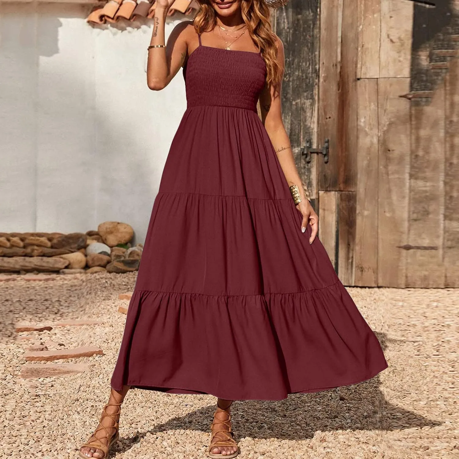 Ceboyel Sundresses for Women 2023 Spaghetti Strap Summer Maxi Long Dress Smocked Casual Sun Dresses Trendy Beach Clothing