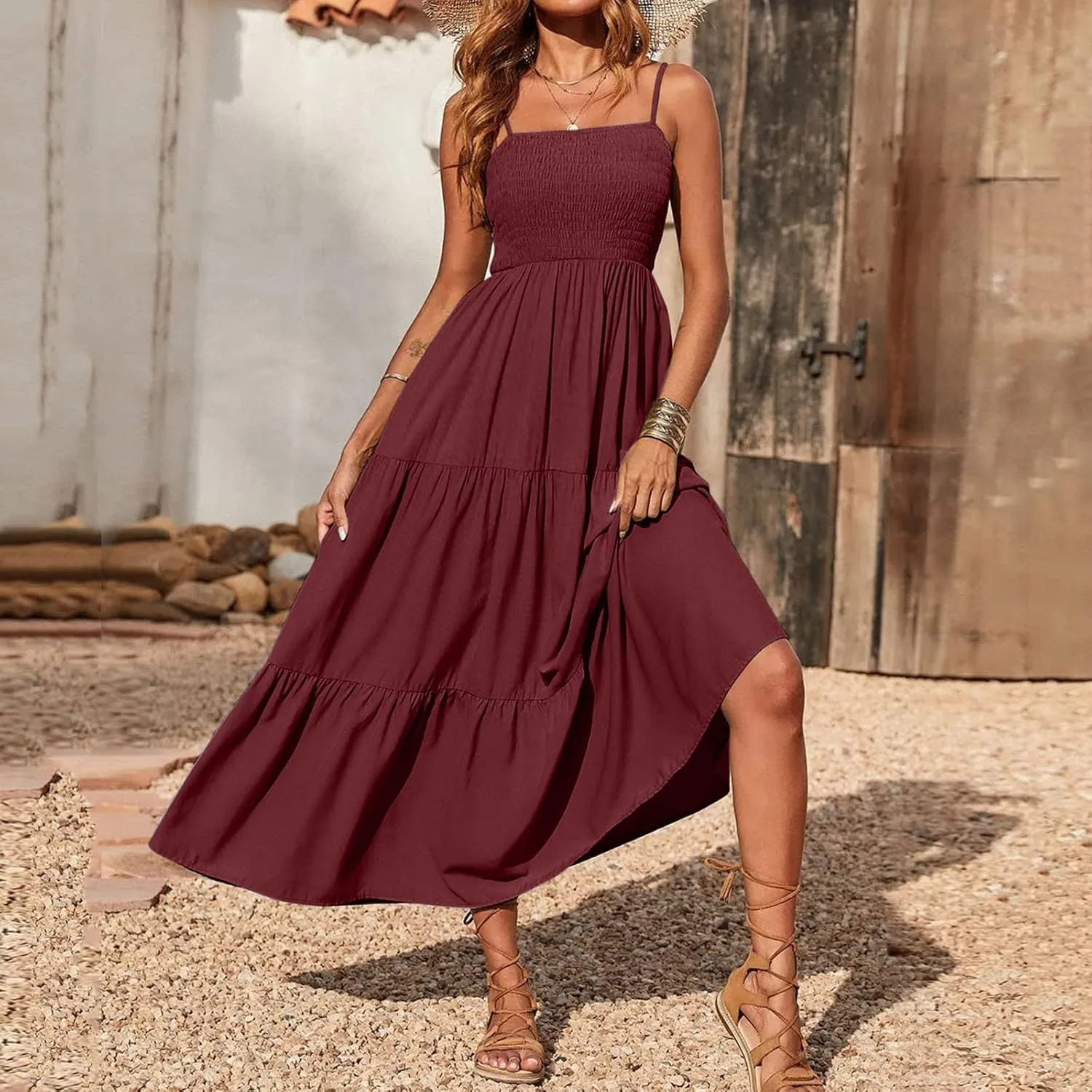 Ceboyel Sundresses for Women 2023 Spaghetti Strap Summer Maxi Long Dress Smocked Casual Sun Dresses Trendy Beach Clothing