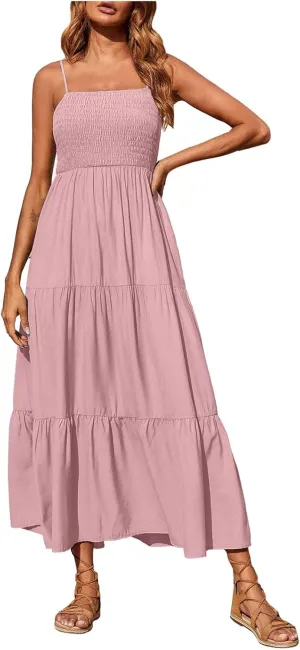 Ceboyel Sundresses for Women 2023 Spaghetti Strap Summer Maxi Long Dress Smocked Casual Sun Dresses Trendy Beach Clothing