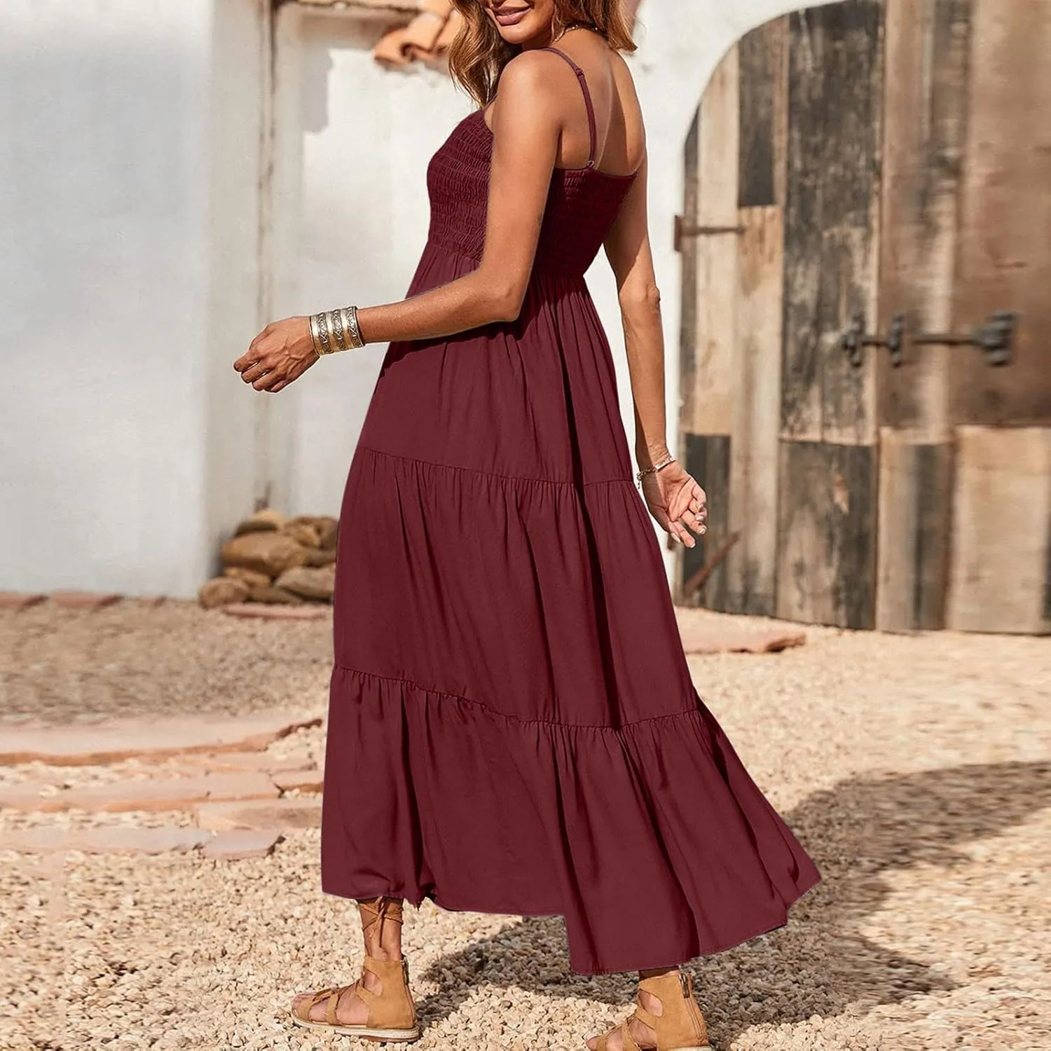 Ceboyel Sundresses for Women 2023 Spaghetti Strap Summer Maxi Long Dress Smocked Casual Sun Dresses Trendy Beach Clothing