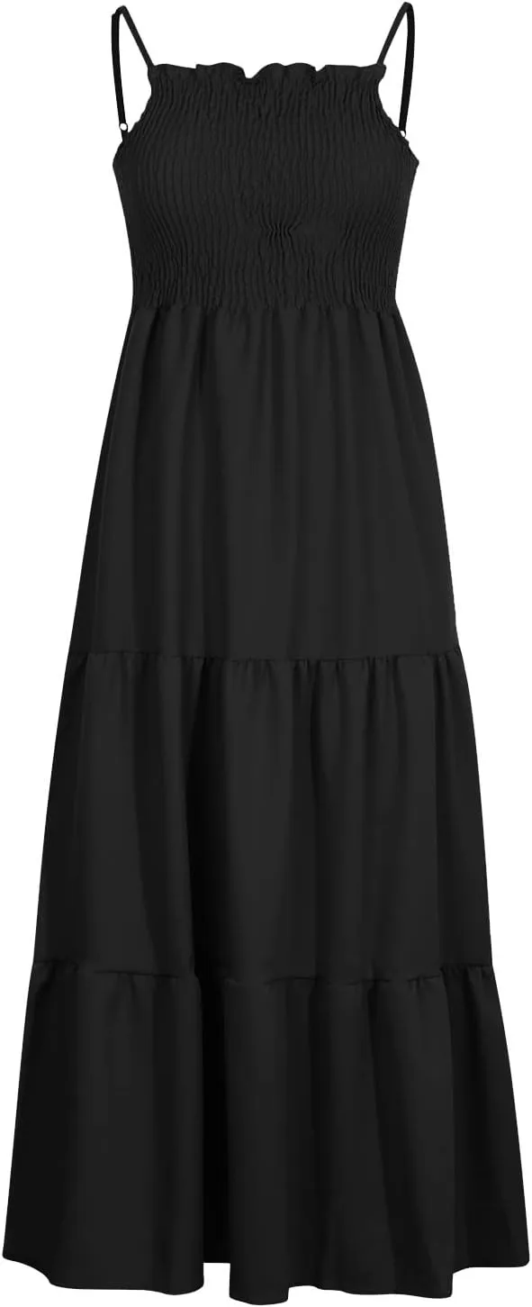 Ceboyel Sundresses for Women 2023 Spaghetti Strap Summer Maxi Long Dress Smocked Casual Sun Dresses Trendy Beach Clothing