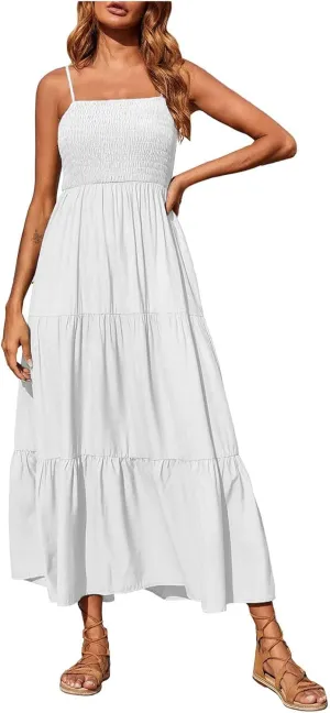 Ceboyel Sundresses for Women 2023 Spaghetti Strap Summer Maxi Long Dress Smocked Casual Sun Dresses Trendy Beach Clothing