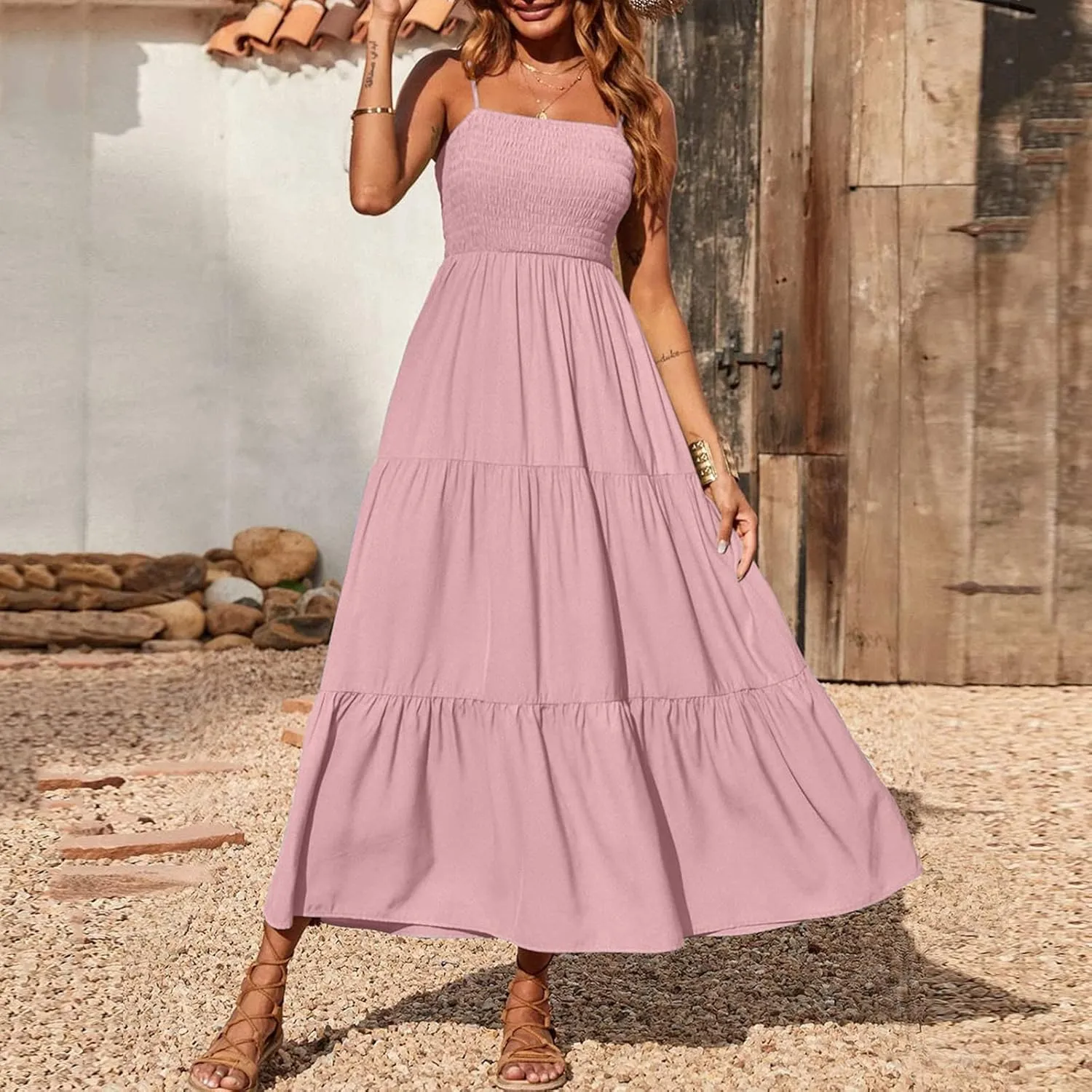 Ceboyel Sundresses for Women 2023 Spaghetti Strap Summer Maxi Long Dress Smocked Casual Sun Dresses Trendy Beach Clothing