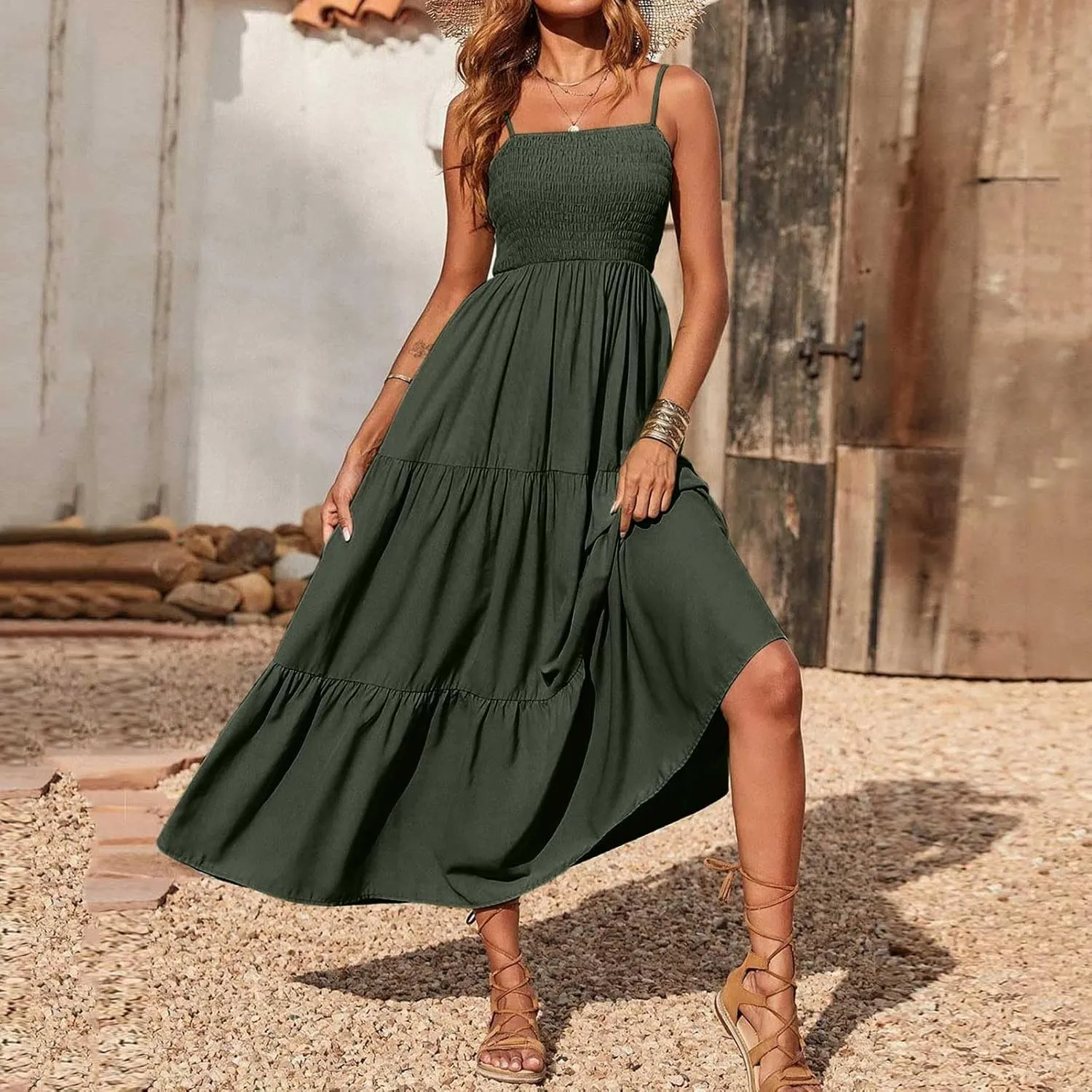 Ceboyel Sundresses for Women 2023 Spaghetti Strap Summer Maxi Long Dress Smocked Casual Sun Dresses Trendy Beach Clothing