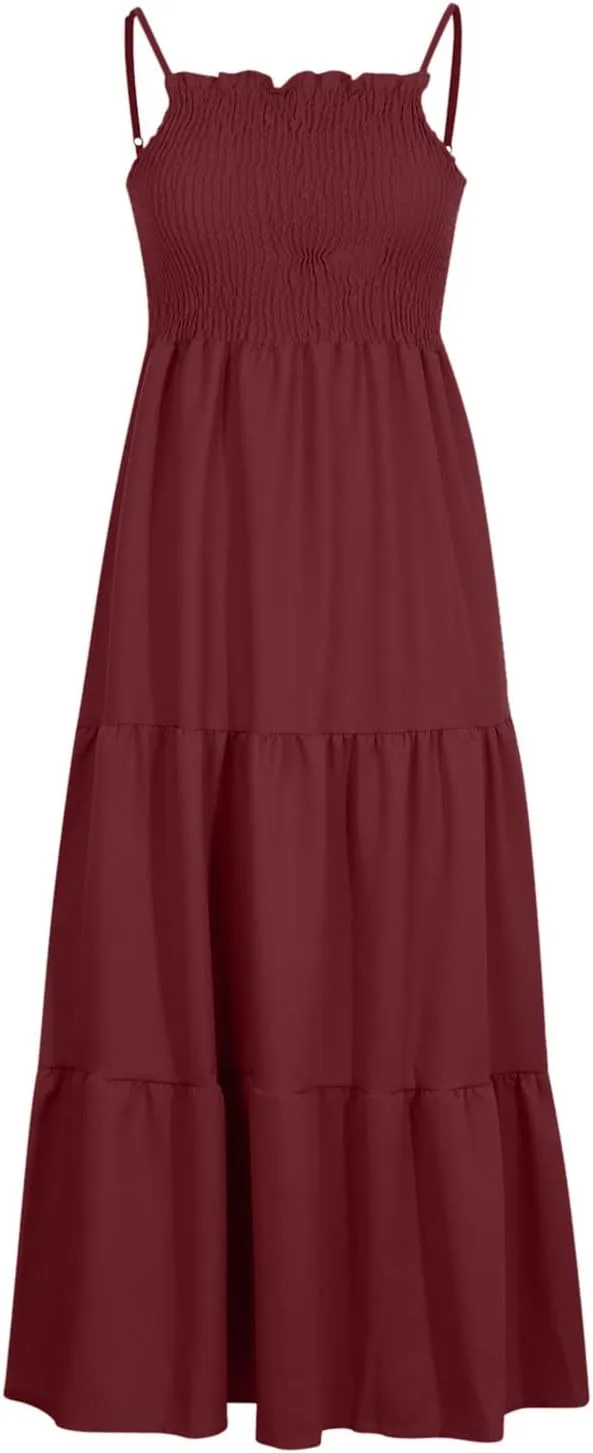 Ceboyel Sundresses for Women 2023 Spaghetti Strap Summer Maxi Long Dress Smocked Casual Sun Dresses Trendy Beach Clothing