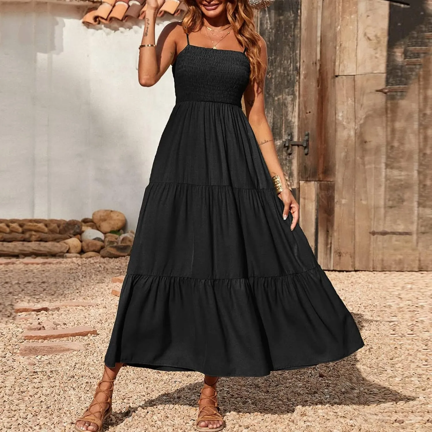 Ceboyel Sundresses for Women 2023 Spaghetti Strap Summer Maxi Long Dress Smocked Casual Sun Dresses Trendy Beach Clothing