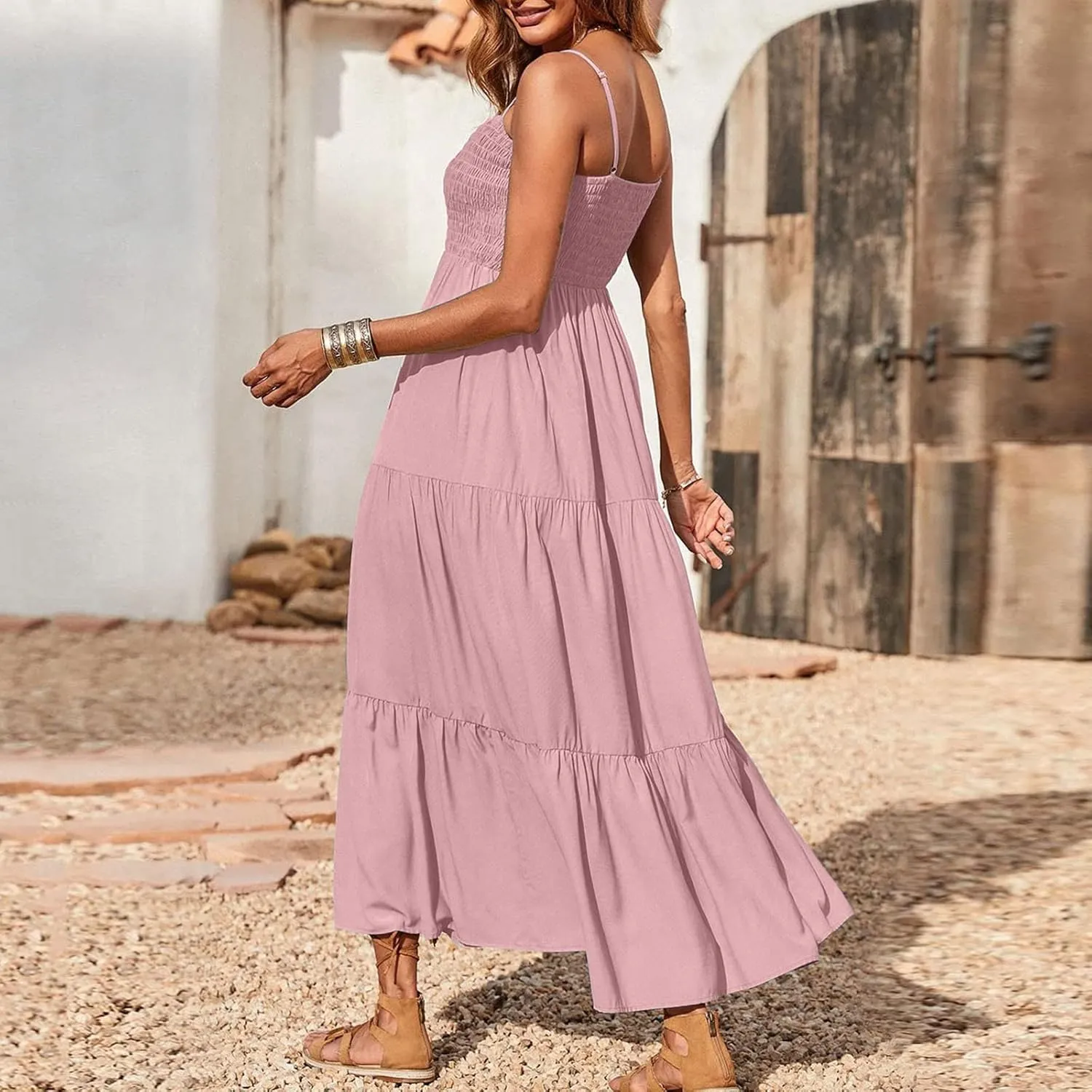 Ceboyel Sundresses for Women 2023 Spaghetti Strap Summer Maxi Long Dress Smocked Casual Sun Dresses Trendy Beach Clothing