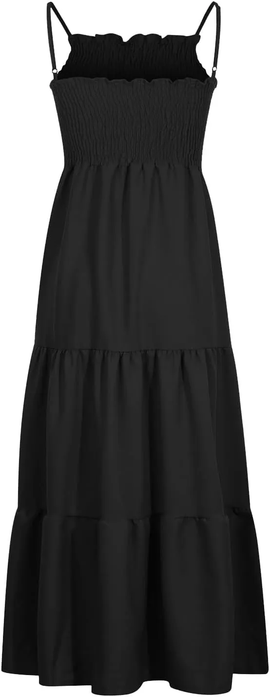 Ceboyel Sundresses for Women 2023 Spaghetti Strap Summer Maxi Long Dress Smocked Casual Sun Dresses Trendy Beach Clothing