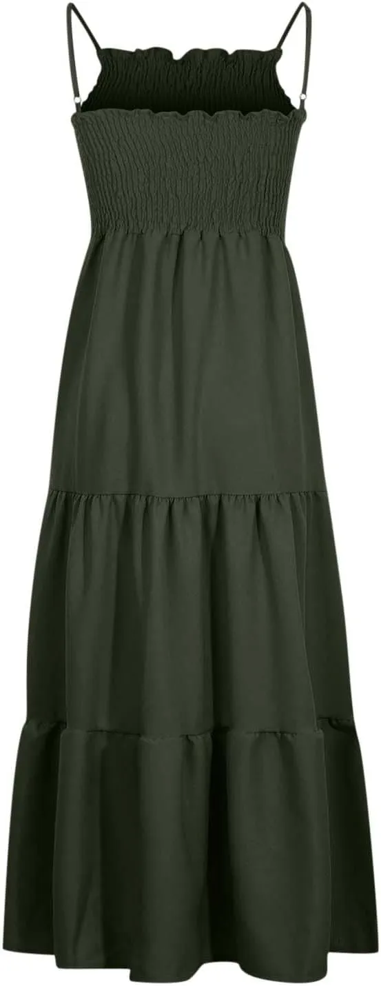 Ceboyel Sundresses for Women 2023 Spaghetti Strap Summer Maxi Long Dress Smocked Casual Sun Dresses Trendy Beach Clothing