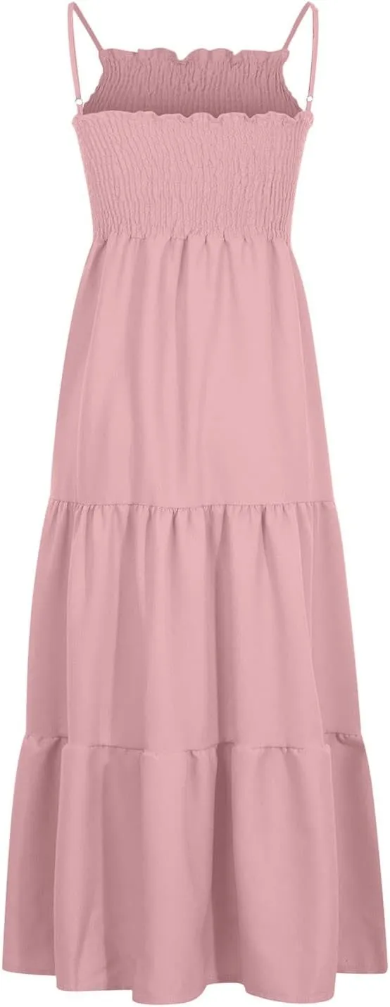 Ceboyel Sundresses for Women 2023 Spaghetti Strap Summer Maxi Long Dress Smocked Casual Sun Dresses Trendy Beach Clothing