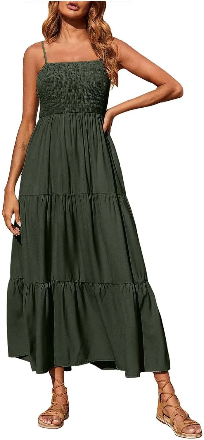 Ceboyel Sundresses for Women 2023 Spaghetti Strap Summer Maxi Long Dress Smocked Casual Sun Dresses Trendy Beach Clothing