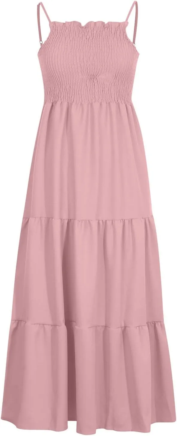 Ceboyel Sundresses for Women 2023 Spaghetti Strap Summer Maxi Long Dress Smocked Casual Sun Dresses Trendy Beach Clothing