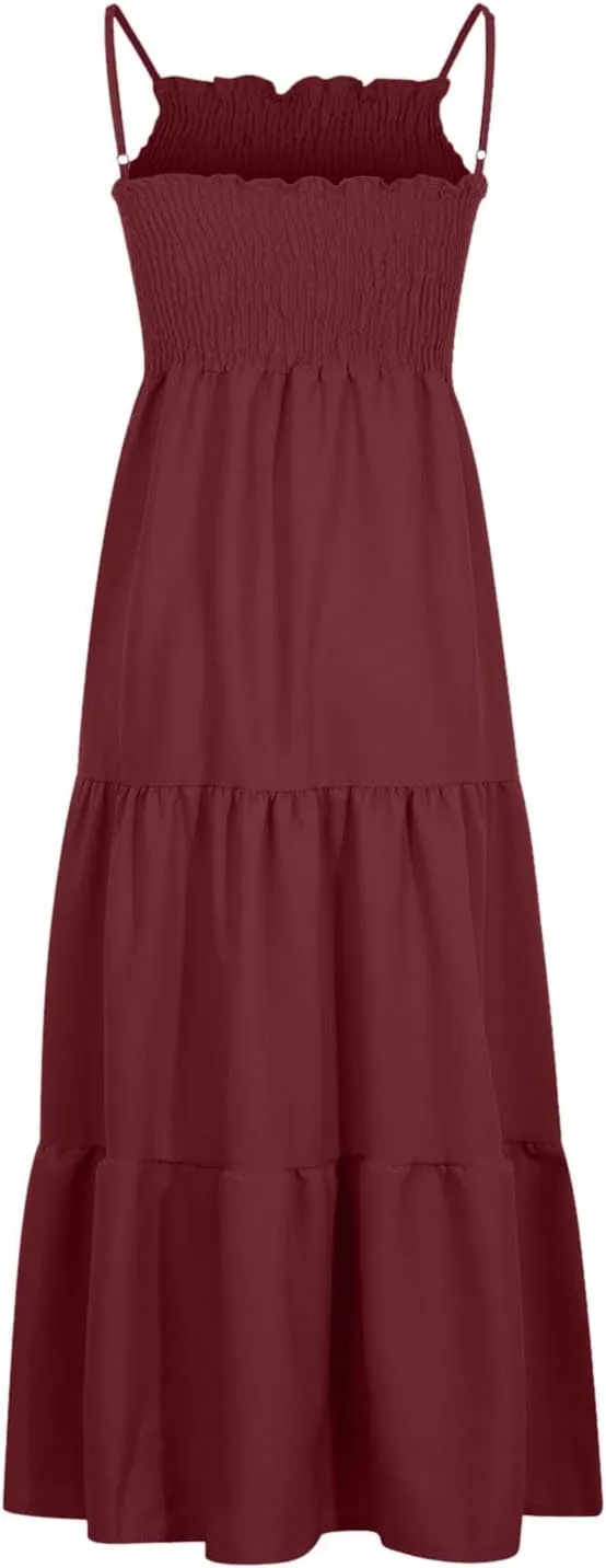 Ceboyel Sundresses for Women 2023 Spaghetti Strap Summer Maxi Long Dress Smocked Casual Sun Dresses Trendy Beach Clothing