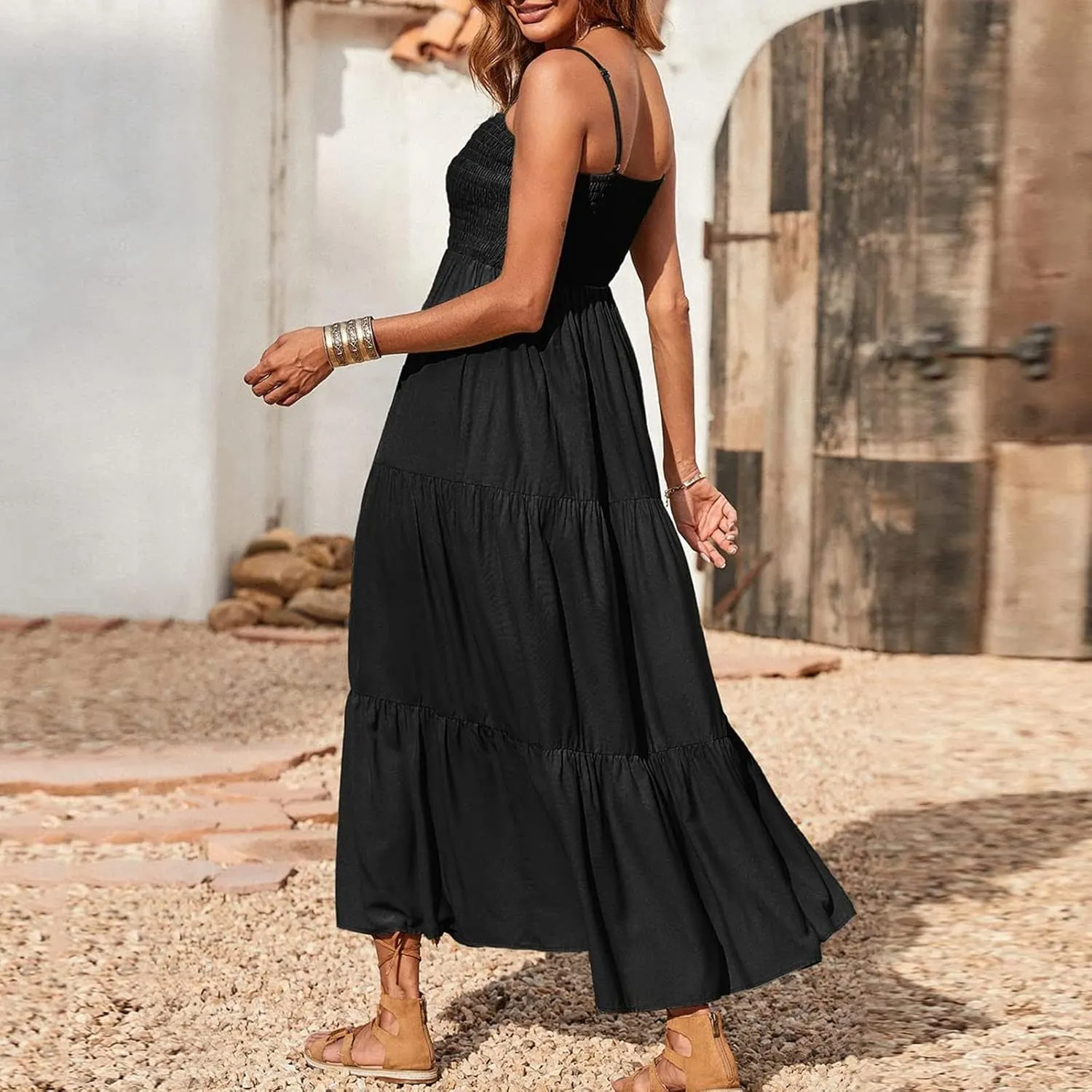 Ceboyel Sundresses for Women 2023 Spaghetti Strap Summer Maxi Long Dress Smocked Casual Sun Dresses Trendy Beach Clothing