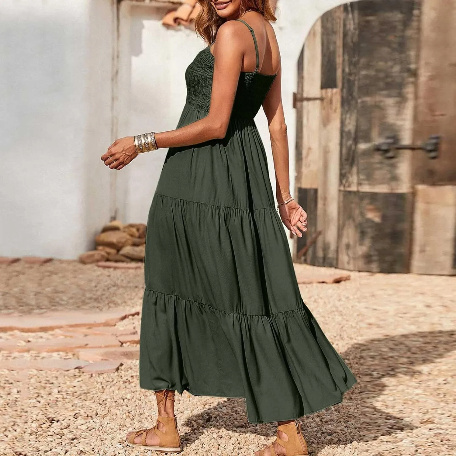 Ceboyel Sundresses for Women 2023 Spaghetti Strap Summer Maxi Long Dress Smocked Casual Sun Dresses Trendy Beach Clothing