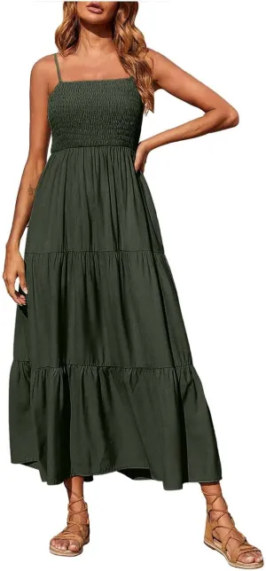 Ceboyel Sundresses for Women 2023 Spaghetti Strap Summer Maxi Long Dress Smocked Casual Sun Dresses Trendy Beach Clothing