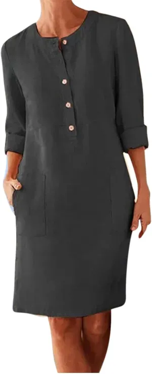 Ceboyel Women 2023 Button Linen Dresses Cotton Summer Midi Dresses Short Sleeve Casual Shirt Dress Ladies Teacher Clothing