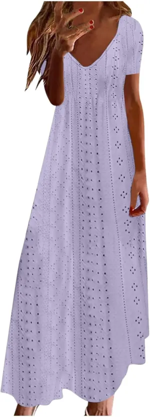Ceboyel Women Boho Summer Causal Maxi Dresses Trendy Eyelet Short Sleeve Dress Beach Vacation Dresses 2024 Bohemian Clothes