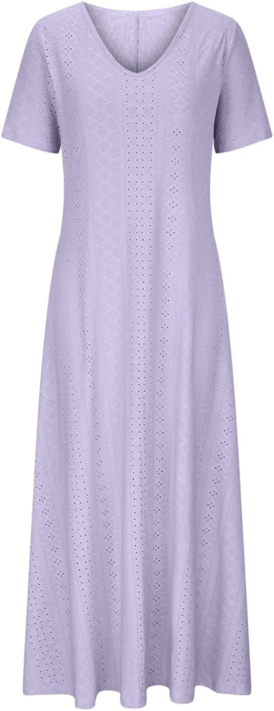 Ceboyel Women Boho Summer Causal Maxi Dresses Trendy Eyelet Short Sleeve Dress Beach Vacation Dresses 2024 Bohemian Clothes