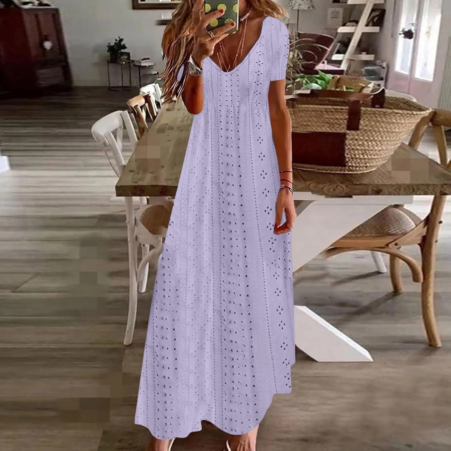 Ceboyel Women Boho Summer Causal Maxi Dresses Trendy Eyelet Short Sleeve Dress Beach Vacation Dresses 2024 Bohemian Clothes