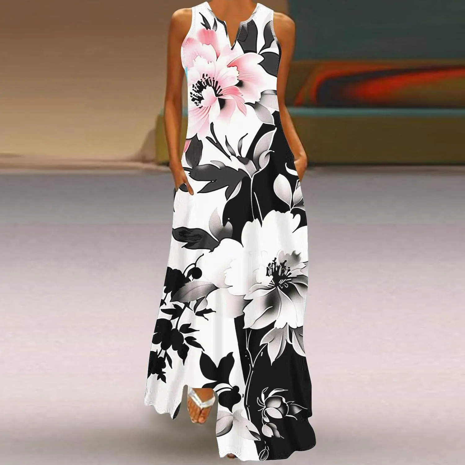 Ceboyel Women Floral Summer Dresses 2024 Sleeveless Casual Maxi Dress Long Flowy Sundresses Trendy Beach Vacation Clothes