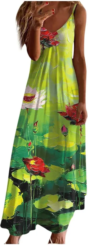 Ceboyel Womens Floral Boho Sundresses 2024 Spaghetti Strap Summer Maxi Dress Casual Sun Dress Trendy Beach Vacation Clothes