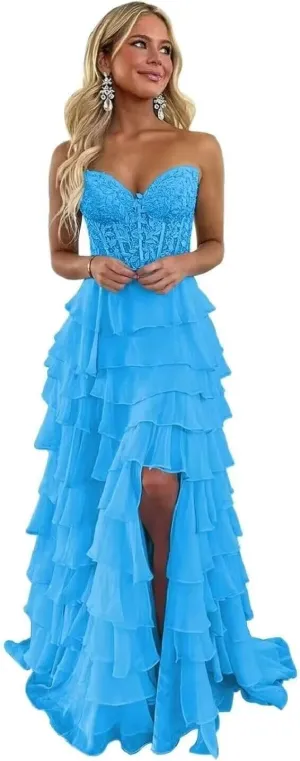 Changuan Strapless Corset Prom Dresses for Women Long 2025 Tiered Ruffle Formal Dress Evening Party Gowns with Slit