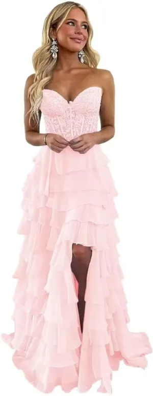 Changuan Strapless Corset Prom Dresses for Women Long 2025 Tiered Ruffle Formal Dress Evening Party Gowns with Slit