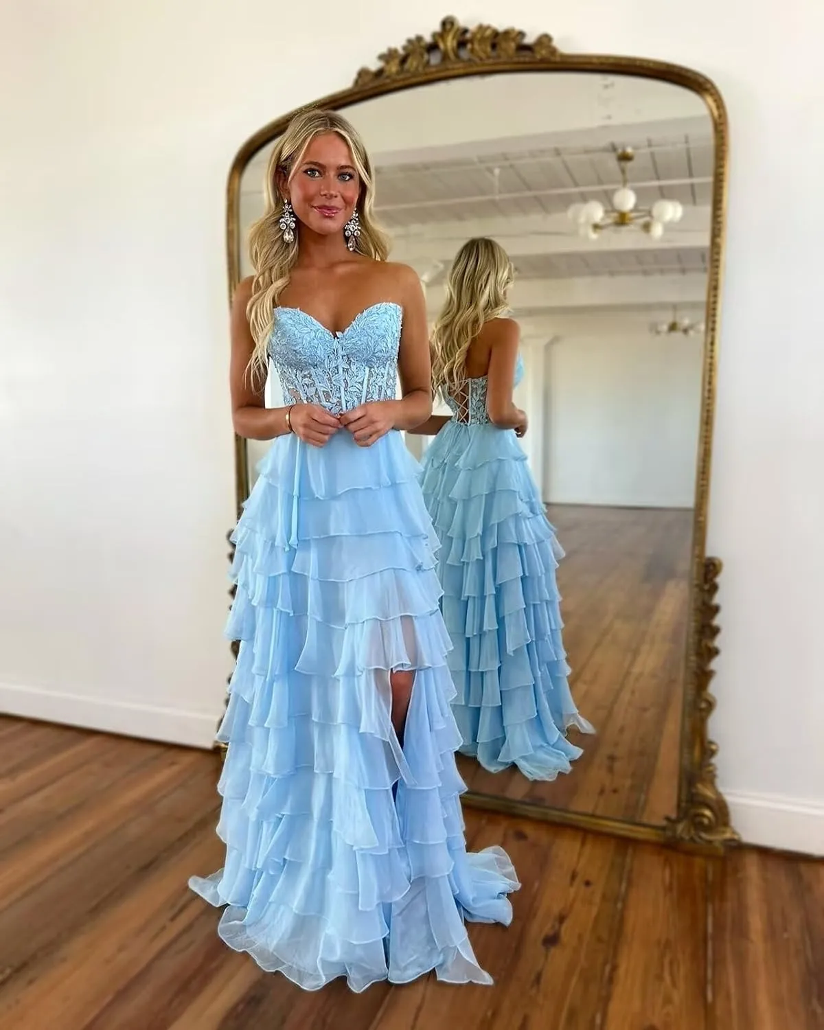 Changuan Strapless Corset Prom Dresses for Women Long 2025 Tiered Ruffle Formal Dress Evening Party Gowns with Slit