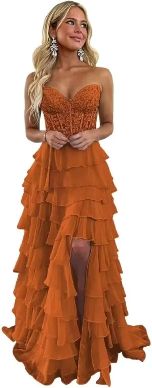 Changuan Strapless Corset Prom Dresses for Women Long 2025 Tiered Ruffle Formal Dress Evening Party Gowns with Slit