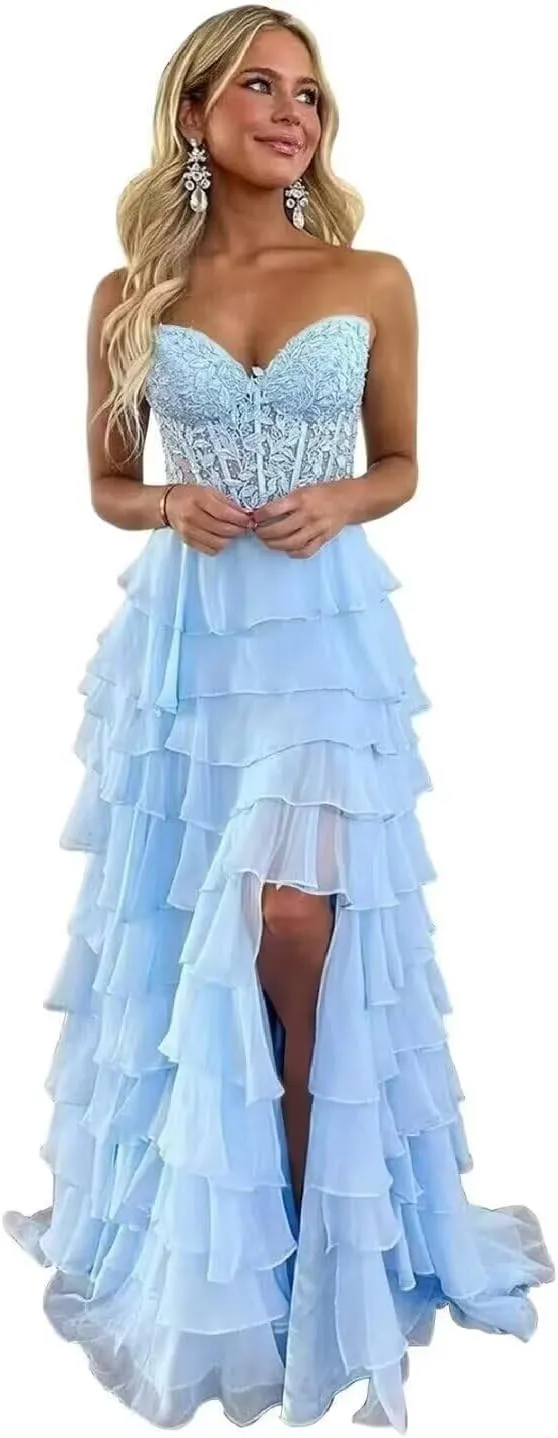 Changuan Strapless Corset Prom Dresses for Women Long 2025 Tiered Ruffle Formal Dress Evening Party Gowns with Slit