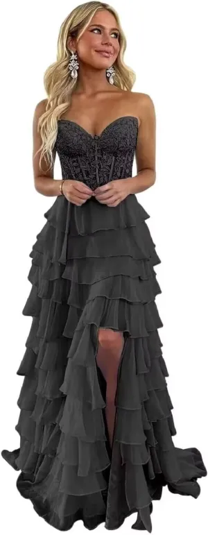 Changuan Strapless Corset Prom Dresses for Women Long 2025 Tiered Ruffle Formal Dress Evening Party Gowns with Slit