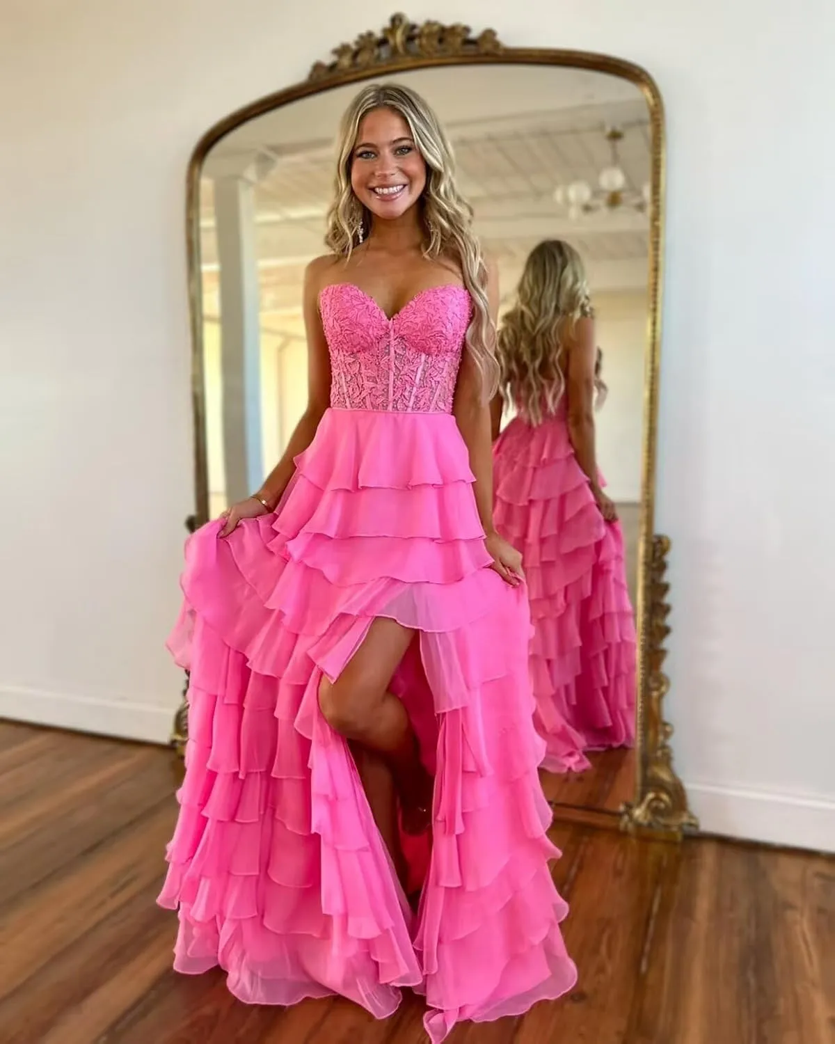 Changuan Strapless Corset Prom Dresses for Women Long 2025 Tiered Ruffle Formal Dress Evening Party Gowns with Slit