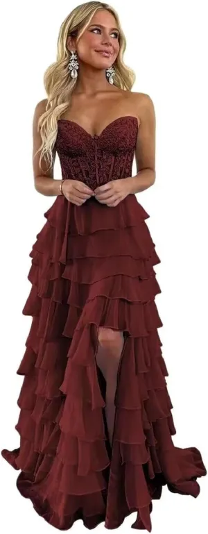 Changuan Strapless Corset Prom Dresses for Women Long 2025 Tiered Ruffle Formal Dress Evening Party Gowns with Slit
