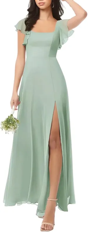 Chiffon Bridesmaid Dresses Long with Slit Short Sleeve Formal Wedding Guest Dress for Women