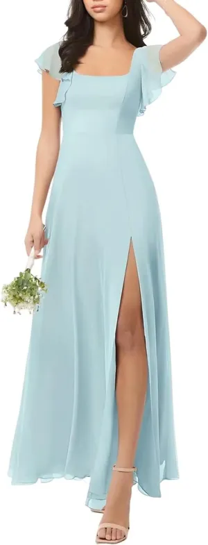 Chiffon Bridesmaid Dresses Long with Slit Short Sleeve Formal Wedding Guest Dress for Women