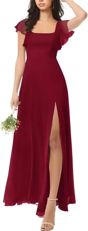 Chiffon Bridesmaid Dresses Long with Slit Short Sleeve Formal Wedding Guest Dress for Women